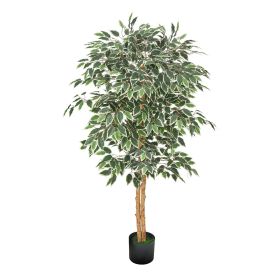 VEVOR 5FT Artificial Ficus Tree with Black Pot, Tall Faux Ficus Plant with Natural Wood Trunk and Realistic Green Leaves