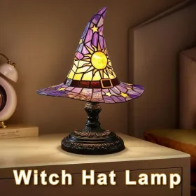 Witch Hat Lamps, Handcrafted Stained Glass Resin Wizard Hat Light Gothic Table Lamp For Halloween Decor, Spooky Night Light For Bedroom And Indoo (Option: Purple)