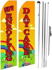 Now Enrolling Day Care Swooper Flag For Advertising Pack Of 2 With Hybrid Pole Set (Option: NEDCYelPole)