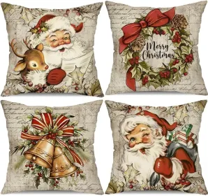 DFXSZ Christmas Pillow Covers 18x18 Inch Set Of 4 Santa Claus Reindeer Decorative Vintage Throw Pillow Covers Winter Retro Farmhouse Decoration F (Option: Pink)