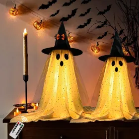 2Packs Halloween Decorations Outdoor,Halloweens Party Decoration Indoor,Spooky Ghost With Remote Control String Lights,Halloween-Ghost Lights For (Option: White)
