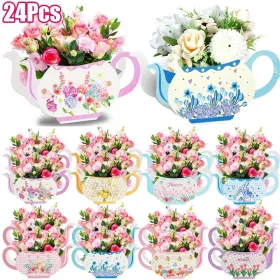 24Pcs Tea Party Table Centerpieces 4 Styles Teapot Shape Flower Box Double-Sided Pattern Paper Teapot Gift Box Spring Theme Princess Party Favor (Option: 24Pcs)