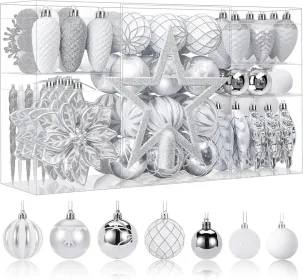 106PCS Christmas Balls Ornaments Set, Colorful Shatterproof Plastic Decorative Baubles For Xmas Tree Decor Holiday Wedding Party Decoration With (Option: WhiteSilver)